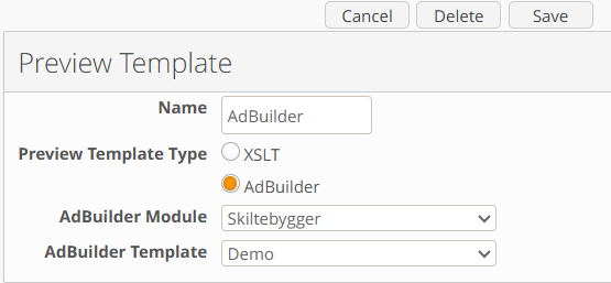 Preview template settings for AdBuilder module and template selection interface.